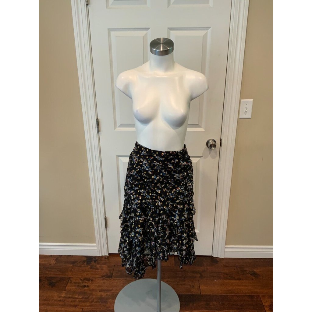 Veronica Beard Black Floral Silk Ruffle Asymmetrical Hem Skirt, Size 4